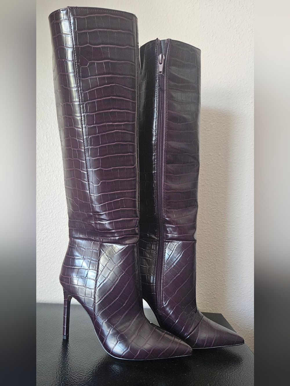 Express Women's Croc-Embossed Pointed Toe Knee Boots in Deep Plum